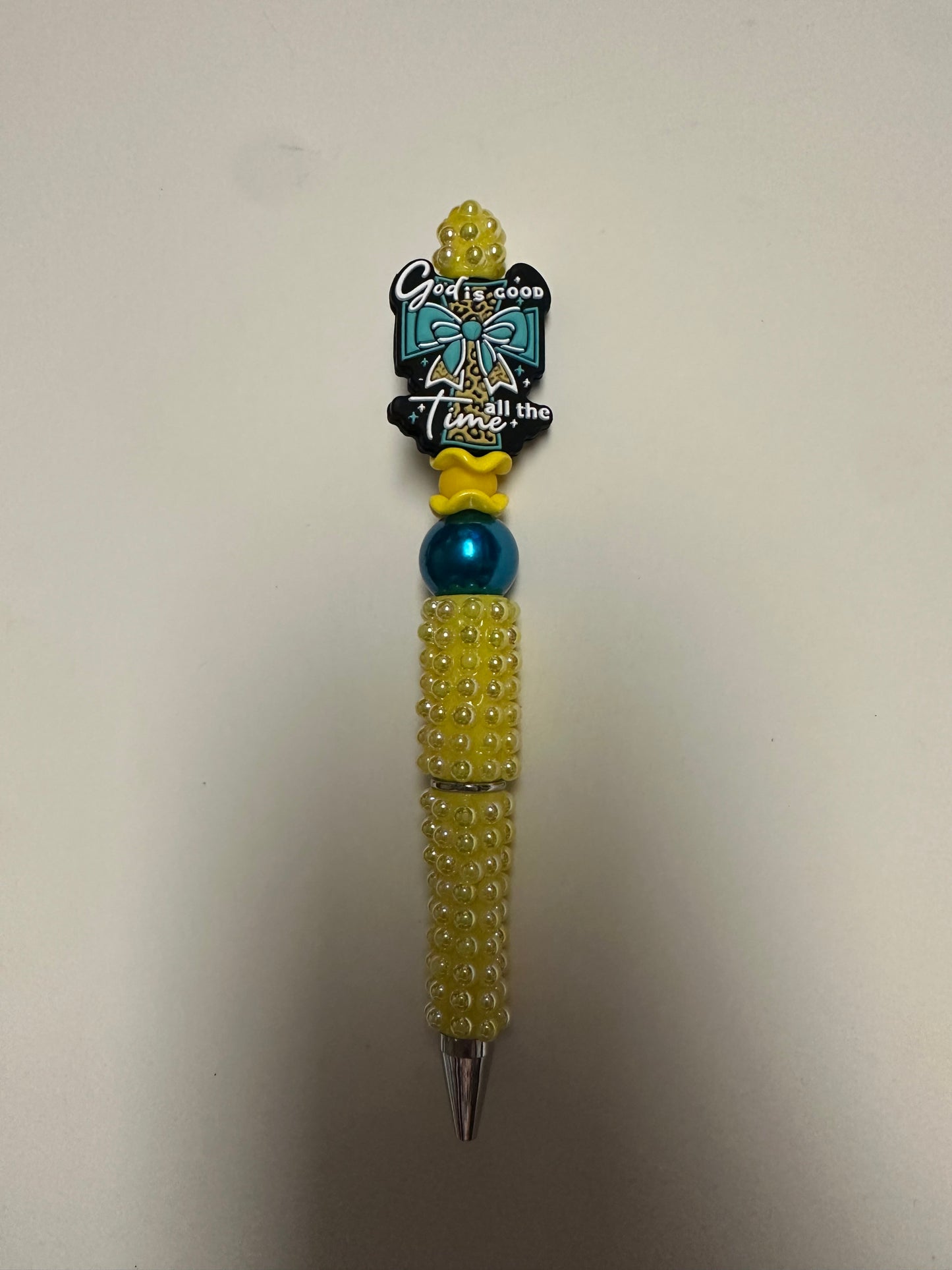 Beaded yellow pearl pen with God is Good focal.