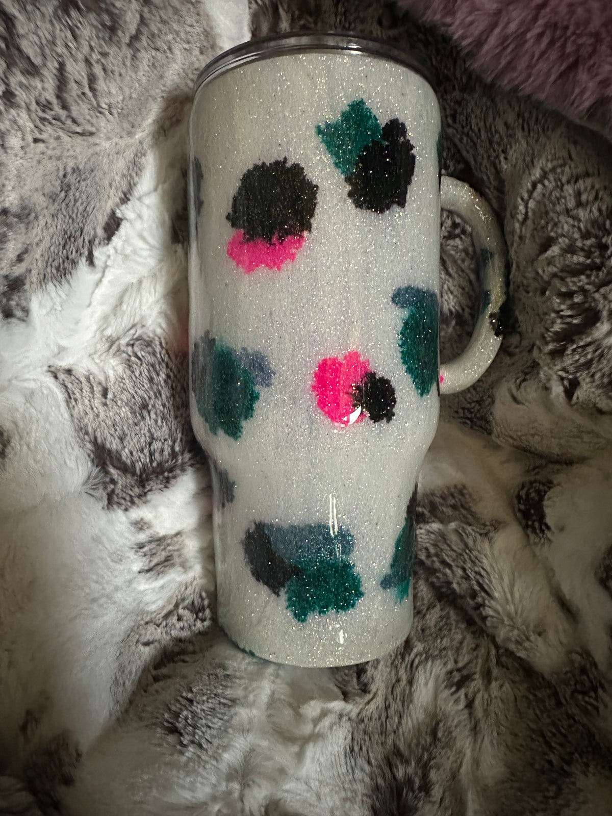 Pink and Teal Cow print traveler tumbler