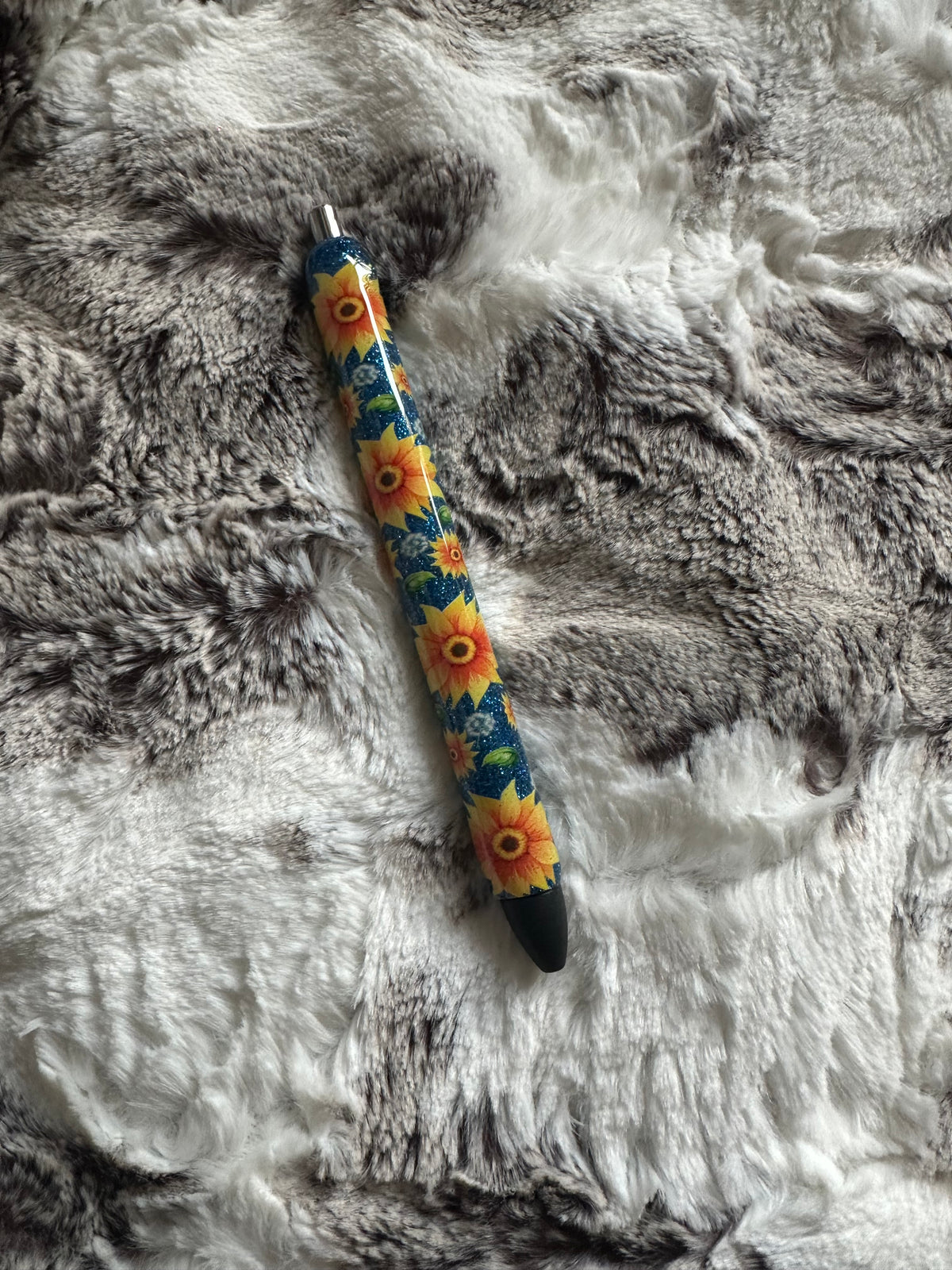 Blue glitter and sunflower epoxy pen