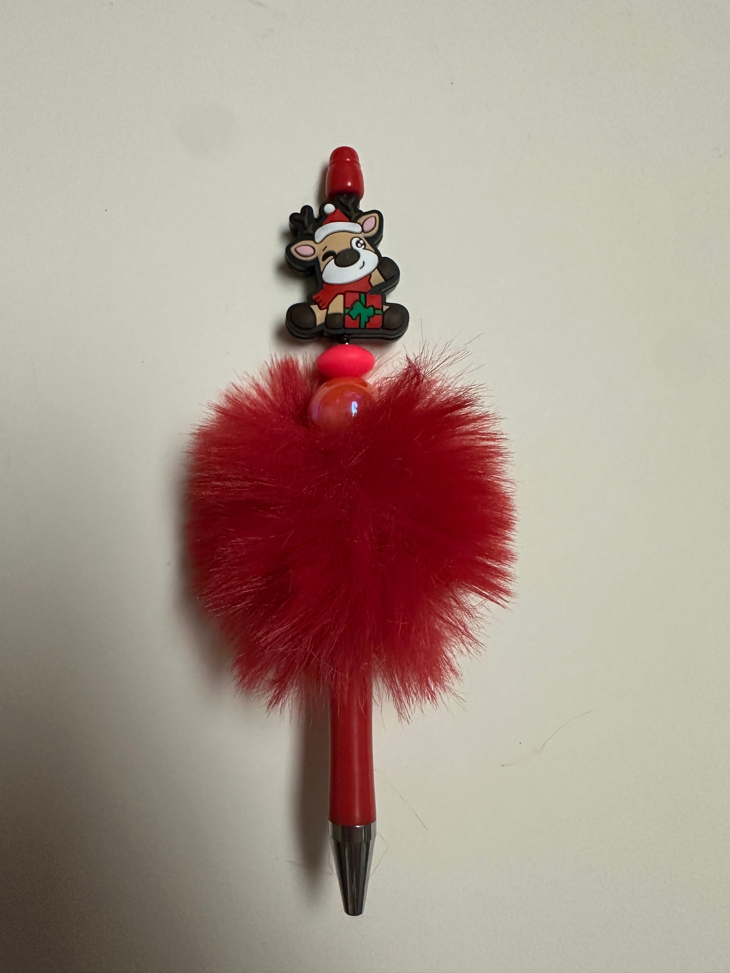 Red fluffy beaded pen with reindeer focal