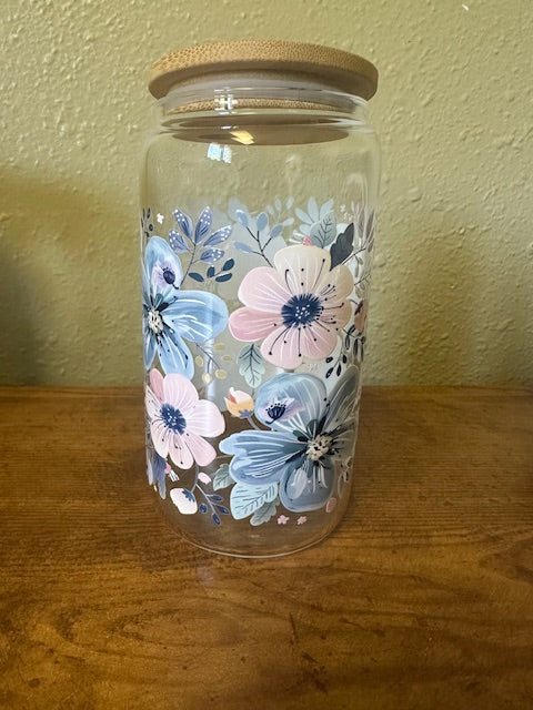 Pastel Pink and Blue Floral Glass Cup