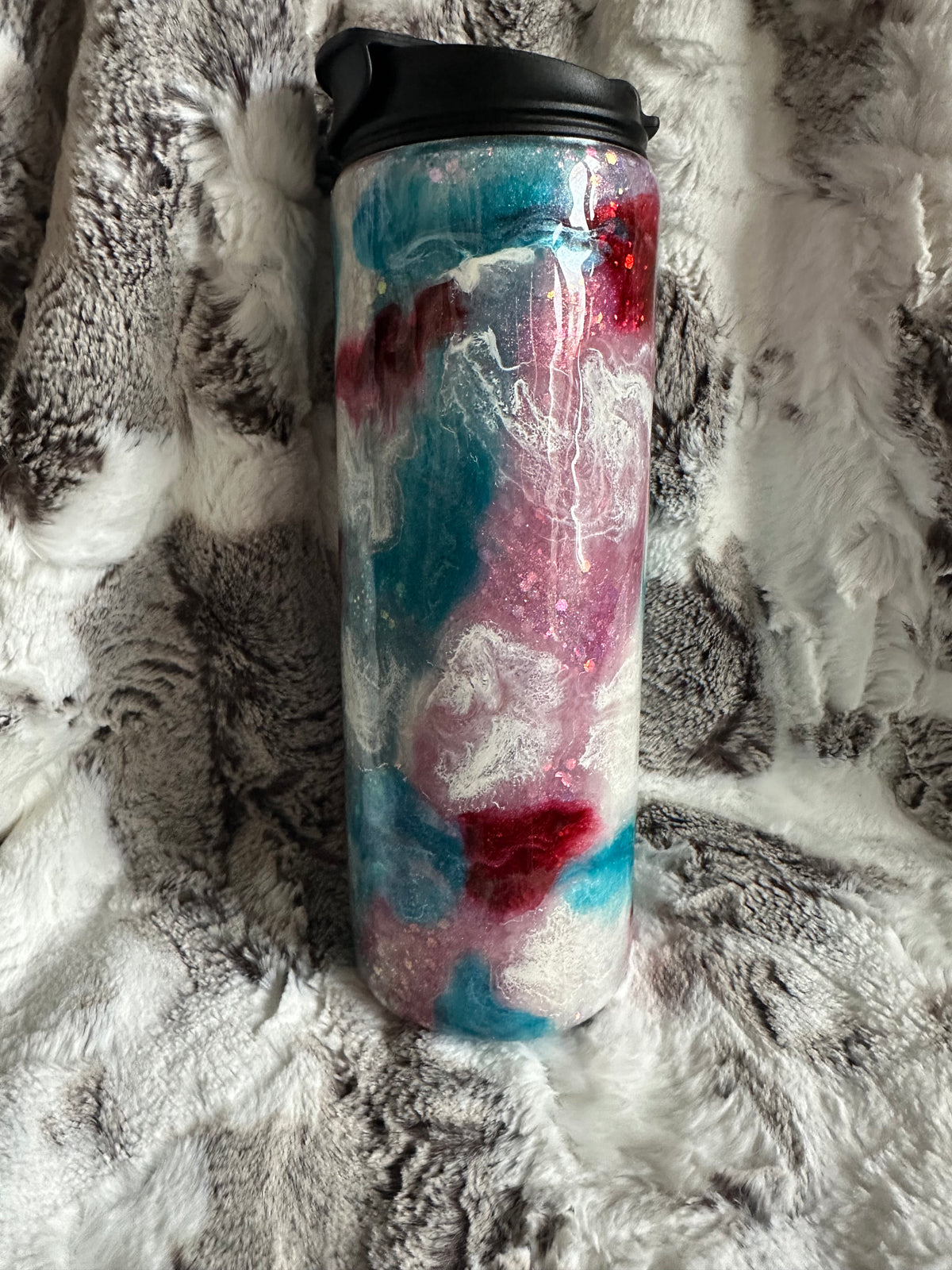 Blue red and white ink swirl dual sipper tumbler