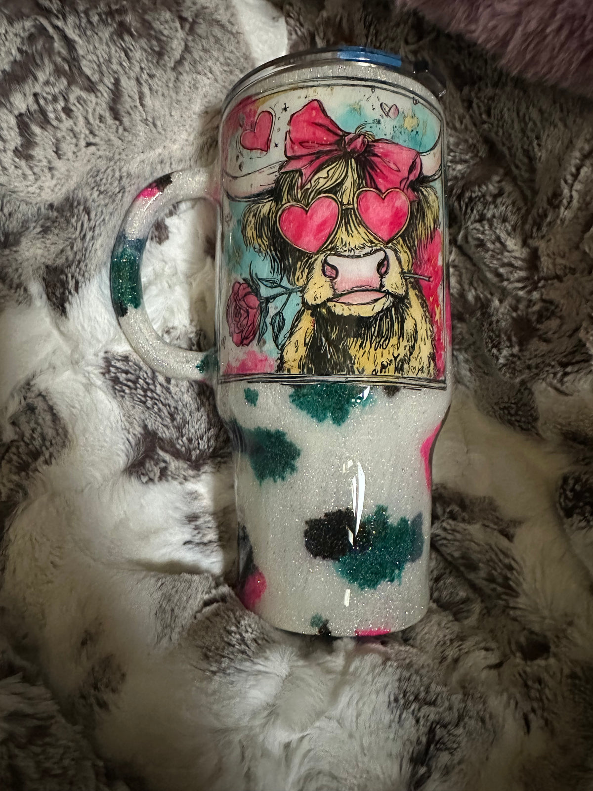 Pink and Teal Cow print traveler tumbler