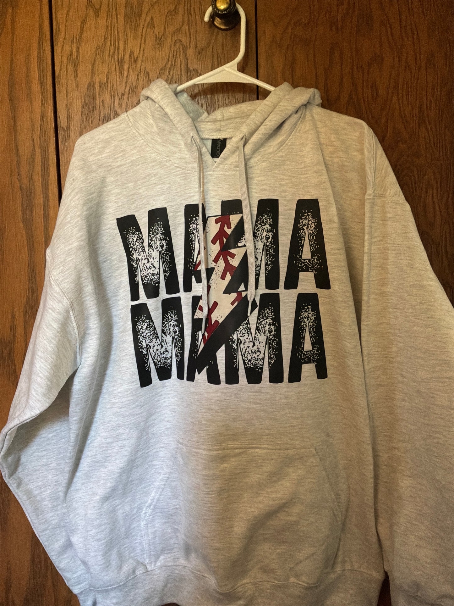 Light grey Gildan soft style sweatshirt- Mama w/baseball lightning bolt size large