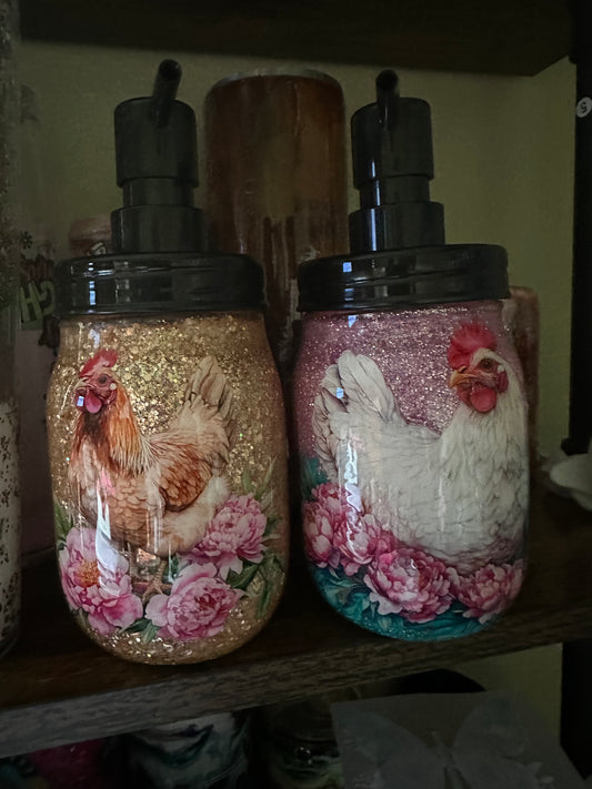 Pint sized soap jar. Pink and blue chicken