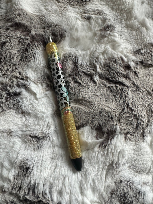 Yellow glitter and flowers epoxy pen