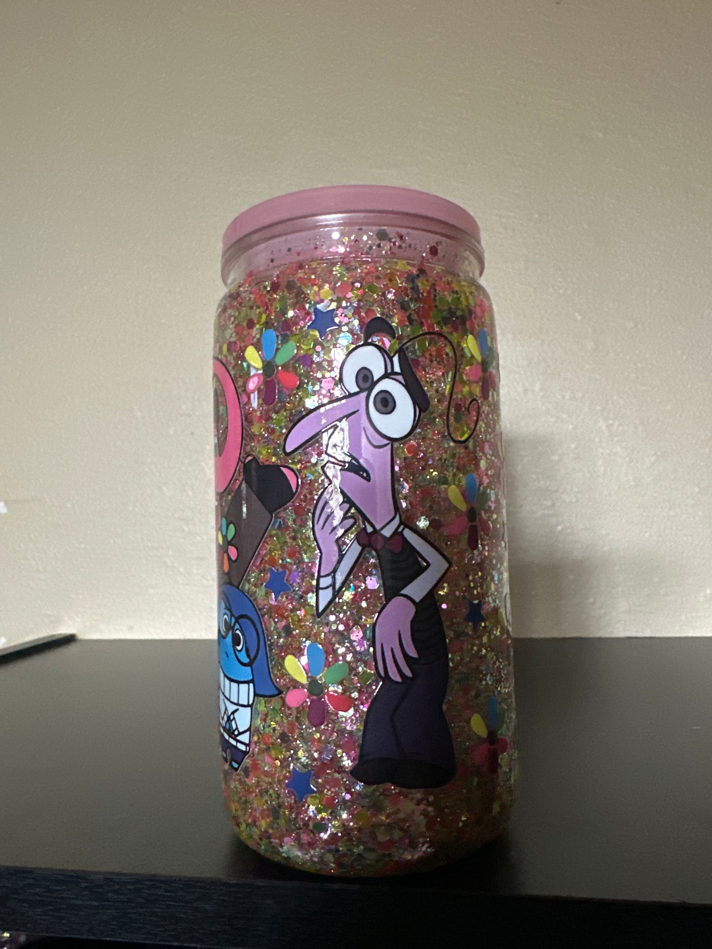 Suspended light pink lid 16 ounce inside out tumbler