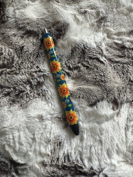 Blue glitter and sunflower epoxy pen