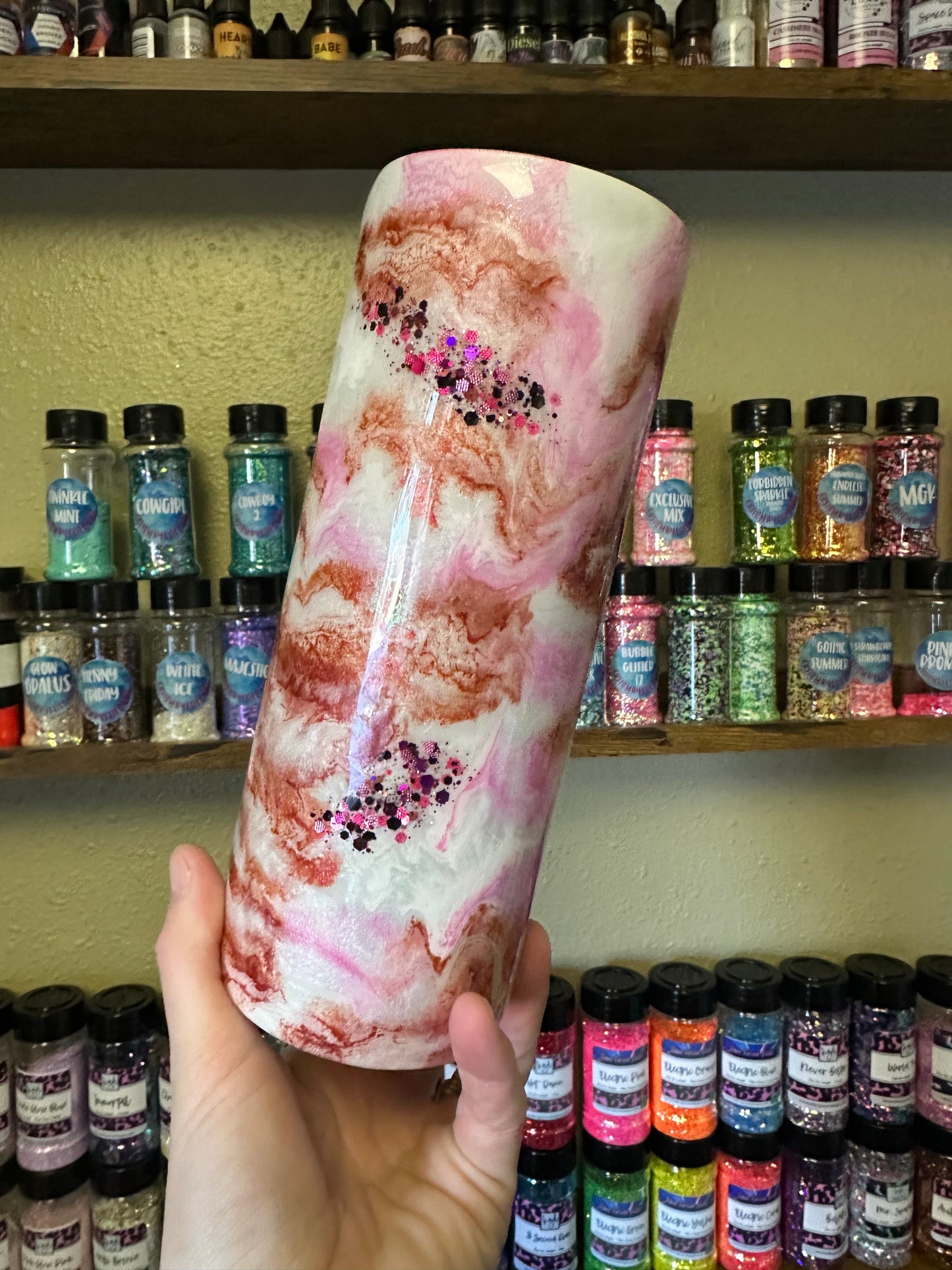 20 ounce skinny pink and red ink swirl tumbler