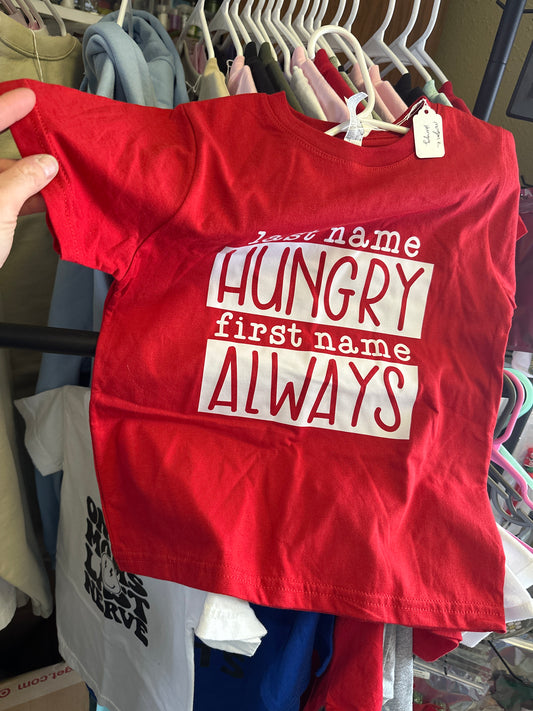 Rabbit Skins brand kid’s size 5/6 red t shirt- hungry/always