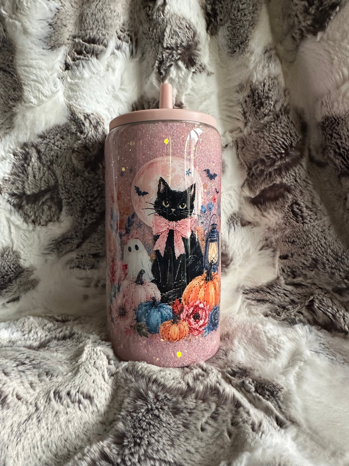Light pink fall/cat sipper tumbler