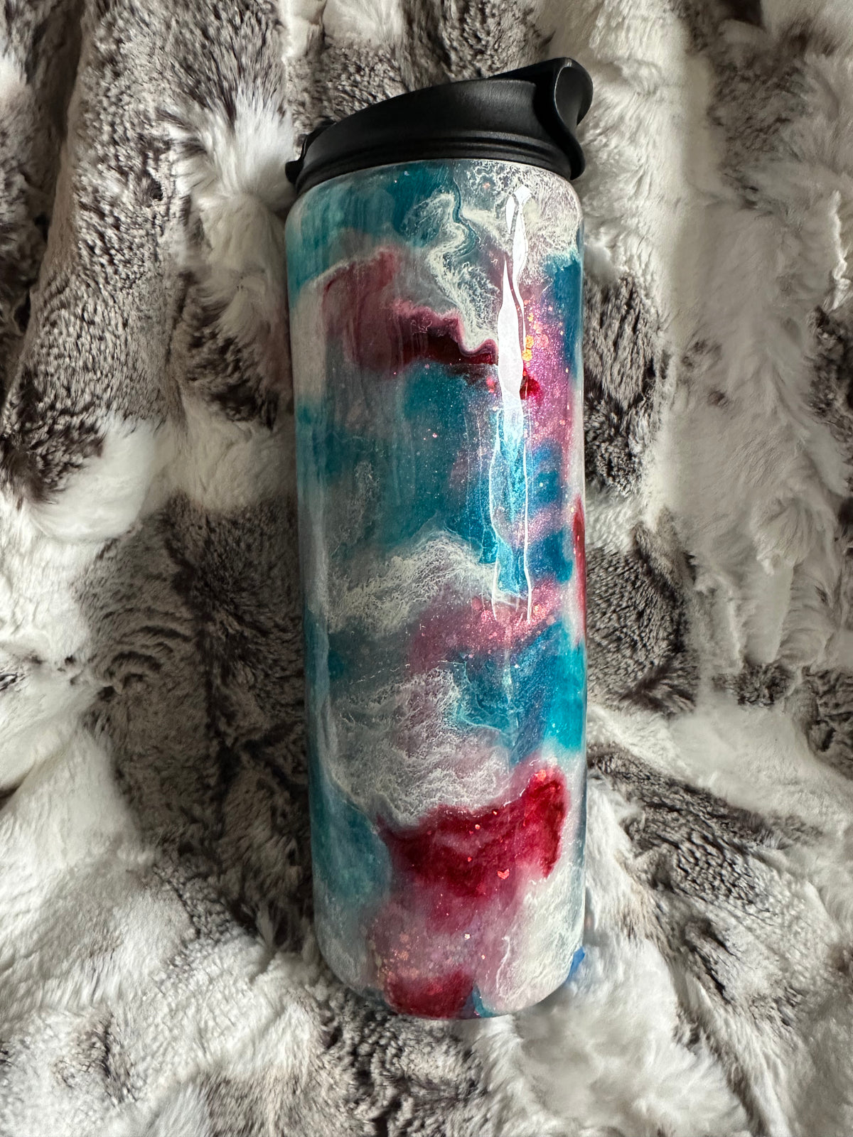 Blue red and white ink swirl dual sipper tumbler