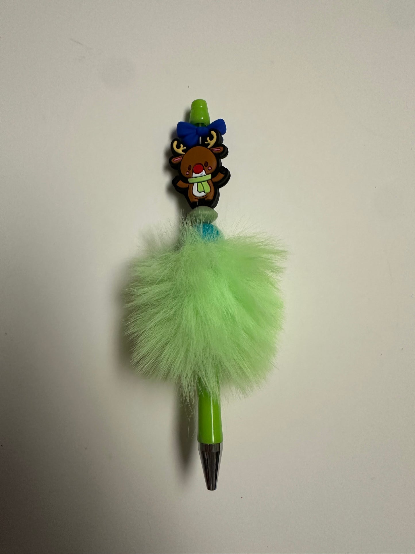 Lime green fluffy beaded pen with reindeer focal