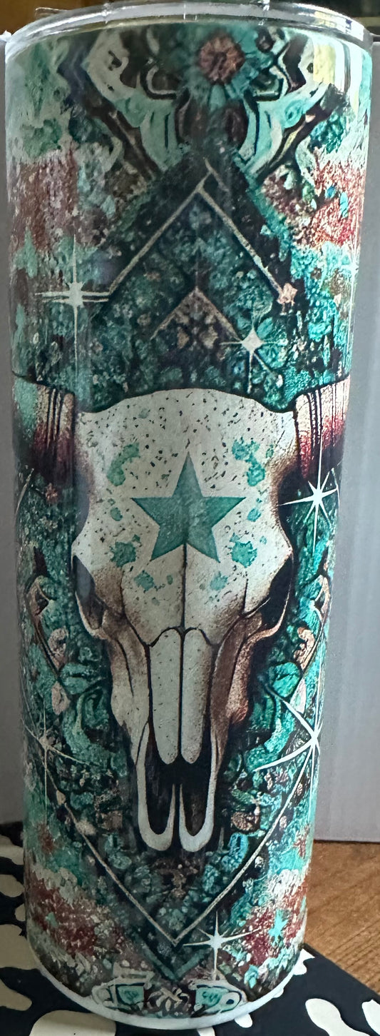 Stainless Steel Bull Skull Turquoise 20 ounce tumbler